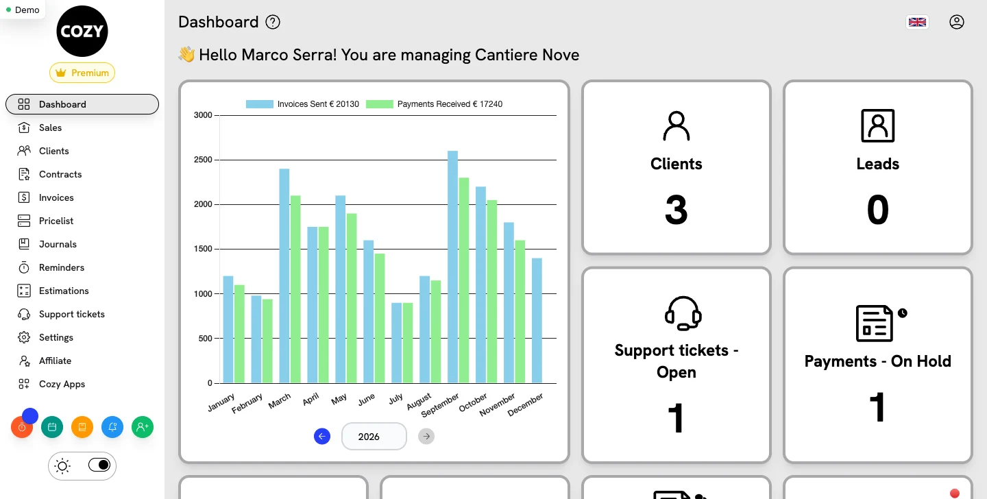 The COZY dashboard as it opens in the interactive demo